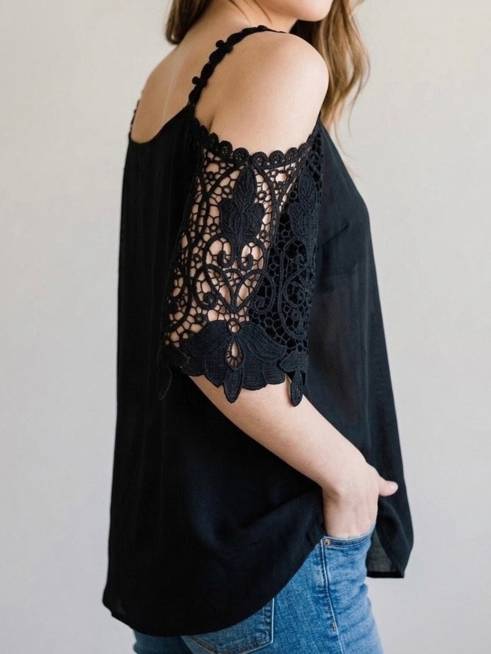 Black Cold Shoulder Top Crochet Lace Overlay Strappy  XL